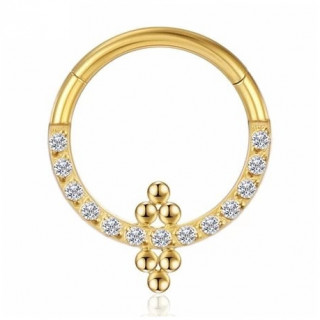 Anneau charni�re en Titane dor� � trios de perles et arc de zirconiums