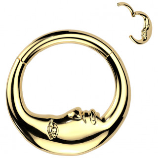 Anneau charnire Lune Visage dore en acier haute prcision (oreille, septum...)