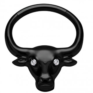 Anneau charnire Taureau Titane noir serti (septum, lobe, daith...)