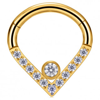Anneau charnire Titane dor Goutte  chevron de zirconiums (septum, daith, lobe)