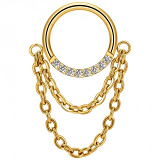 Anneau charnire Titane dor serti  double chaine (septum, lobe, daith...)