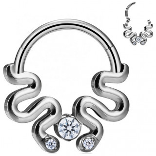 Anneau charnire Titane  duo de serpents onduls sertis