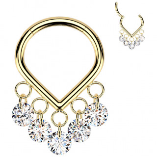 Anneau clicker en titane dor chevron  5 zirconiums suspendus