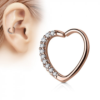 Anneau de cartilage/Daith tordable en coeur  strass - Plaqu or rose