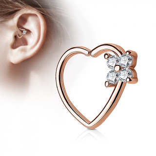 Anneau de cartilage tordable coeur  fleur strass - Plaqu or rose