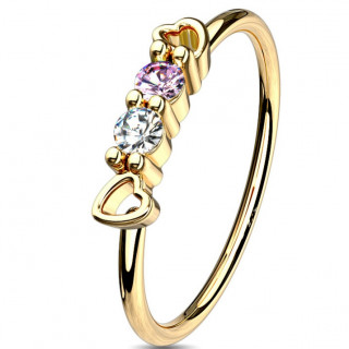 Anneau de nez doré à strass et duo de coeurs
