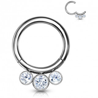 Anneau de piercing type clicker en Titane  3 cristaux (Septum, lobe, hlix...)