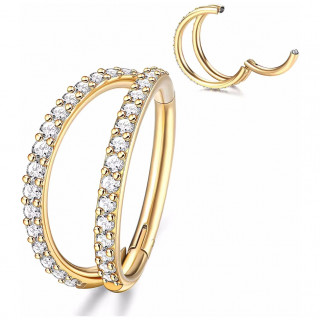 Anneau double en Titane dor� pav� de zirconiums � charni�re (h�lix, conch, l�vre...)