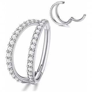 Anneau double en Titane pav� de zirconiums � charni�re (h�lix, conch, l�vre...)