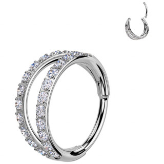 Anneau double très fin en Titane pavé de zirconiums à charnière (narine, oreille...)