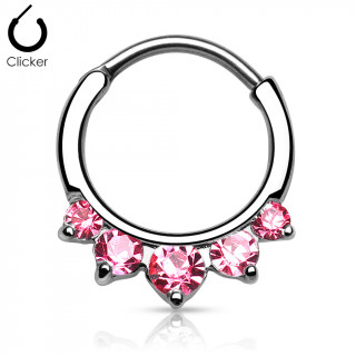 Anneau fermeture clips  5 strass roses asymtriques
