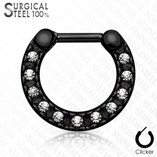 Anneau septum noir en acier serti de cristaux