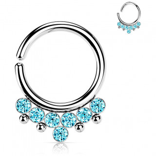 Anneau tordable en acier style bohmien  arc de strass et perles - bleu aqua