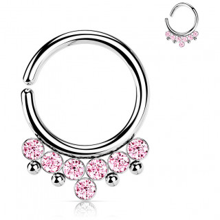 Anneau tordable en acier style bohmien  arc de strass et perles - rose