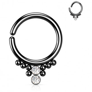 Anneau tordable Noir en acier à perles et duo de strass