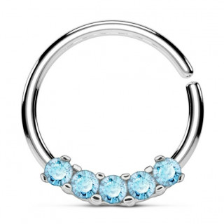 Anneau tordable (oreille, septum...)  cinq strass - Bleu aqua