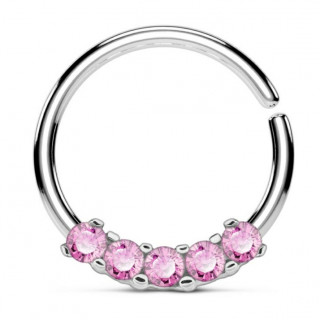 Anneau tordable (oreille, septum...)  cinq strass - Rose