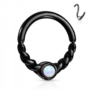 Anneau tordable torsadé noir à opale (septum, oreille...)