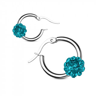 Anneaux d'oreilles  boule shamballa bleu aqua