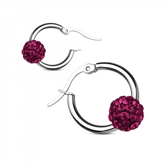 Anneaux d'oreilles  boule shamballa pourpre