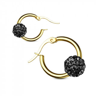 Anneaux d'oreilles dors  boule shamballa noire