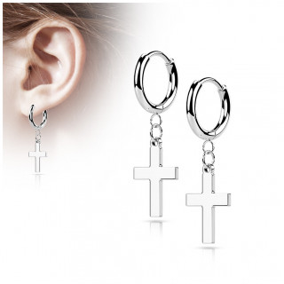 Anneaux d'oreilles en acier Argent  croix latine suspendue (paire)