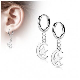 Anneaux d'oreilles en acier Argent  lune toile suspendue (paire)