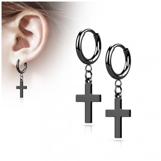 Anneaux d'oreilles en acier Noir  croix latine suspendue