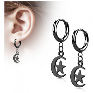 Anneaux d'oreilles en acier Noir  lune toile suspendue (paire)