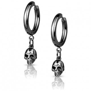 Anneaux d'oreilles Noirs à tête de mort suspendue en acier