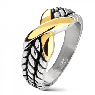 Bague acier aspect cordage à X doré (mixte)