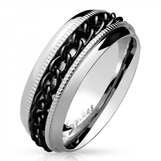 Bague acier dentelle  chaine noire