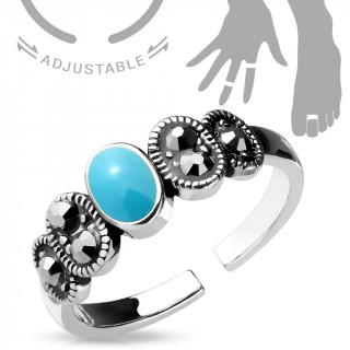 Bague ajustable  turquoise et strass noirs cercls