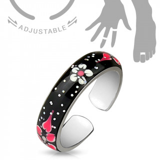 Bague ajustable maille noir  fleurs