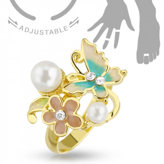 Bague ajustable en laiton doré avec perle, papillon et fleur pour orteil ou doigt