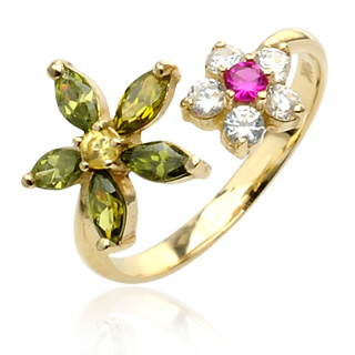 Bague ajustable en or jaune 10 carats avec fleurs de zirconium