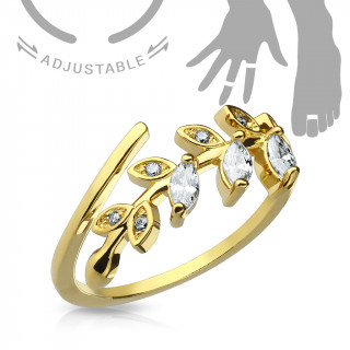 Bague ajustable plaqu or jaune en forme de feuille