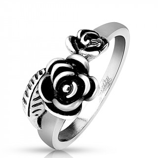 Bague argent noircie en acier avec duo de roses et feuille