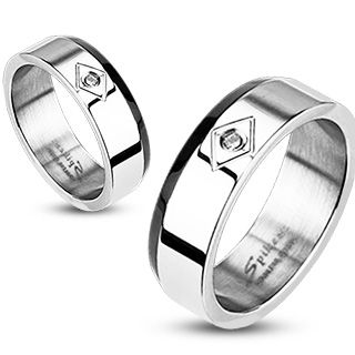 Bague couple acier  bande noire et lozange serti