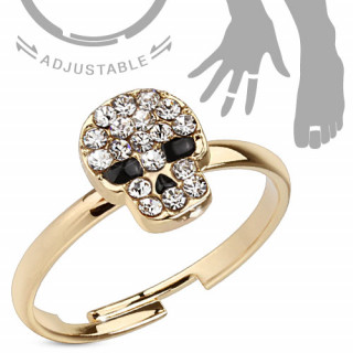 Bague d'orteil ajustable en laiton avec tête de mort pavée de pierres
