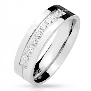 Bague mixte en acier  ligne de zirconium et rainure