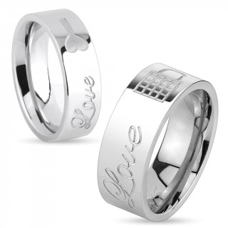 Bague de couple en acier  gravure "Love" et cadenas ou cl