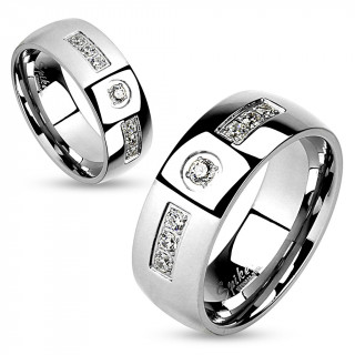 Bague de couple en acier  strass central et trios latraux