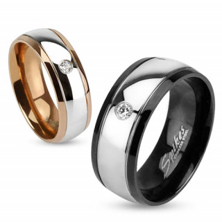 Bague de couple en acier avec bande argentée sertie