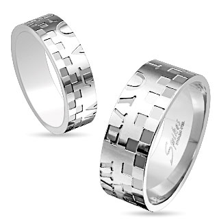 Bague de couple en acier avec damier et demie-gravure "love"