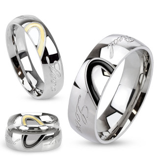 Bague de couple en acier avec demi coeur et inscription "love"