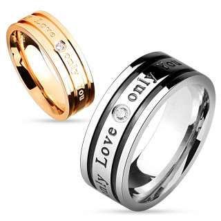 Bague de couple en acier avec gravure "Only Love Only You" et strass