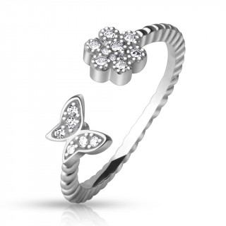 Bague de pied en argent style corde avec fleur et papillon