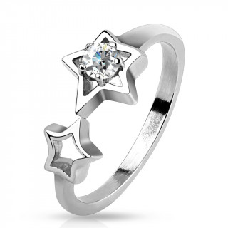 Bague femme à duo d'étoiles en acier avec pierre claire