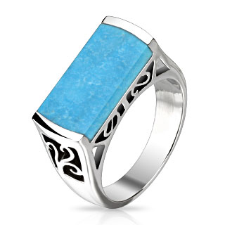 Bague femme acier  arabesques ajoures et turquoise